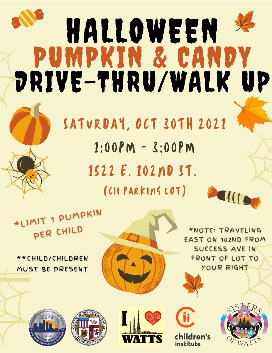 yougood_la's tweet photo. Today, treat yourself &amp; the kids in your life to some Halloween fun with a Pumpkin &amp; Candy Drive-Thru/Walk up, hosted by the CII Reach Team in collaboration with other community partners 🧡🧟

Join us from 1PM to 3PM at the @ChildrensInstLA parking lot at 1522 E. 102nd Street. https://t.co/yy3gNgd313
