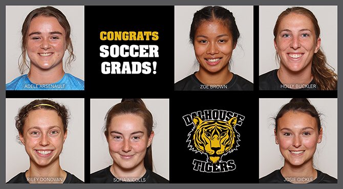 DalTigers's tweet photo. WSOC: after today’s game we will be celebrating our graduating student-athletes! 
The Tigers would like to congratulate Adele Arsenault, Zoe Brown, Holly Buckler, Riley Donovan, Sofia Nicolls, and Josie Oickle! 
#TigerPride https://t.co/PuLisgk6Vt