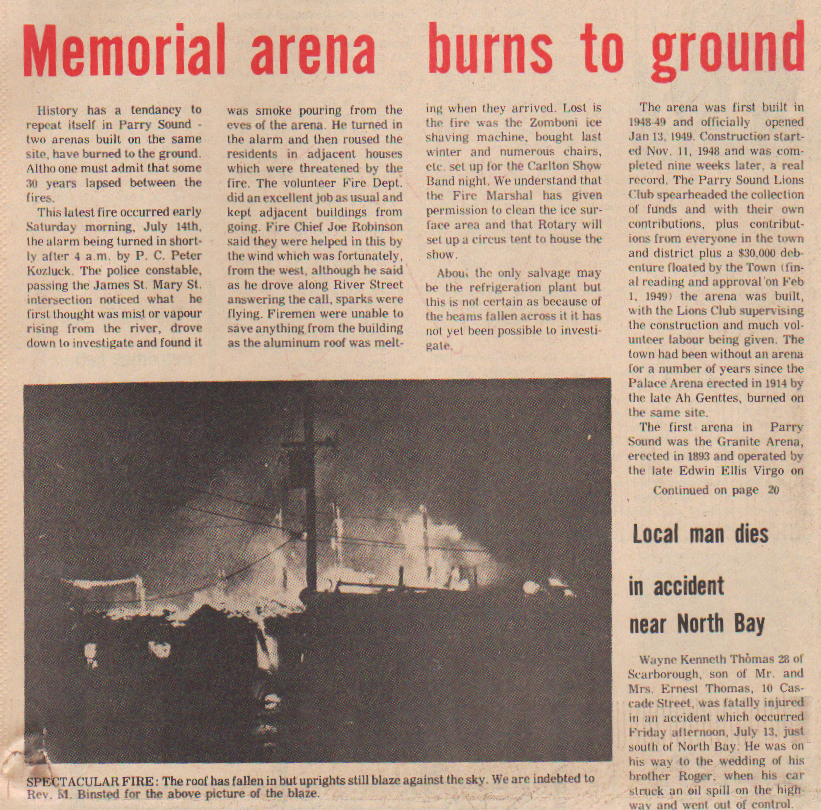 WPSDMuseum's tweet photo. This weeks #HistoricPost shows the fire at the Memorial Community Centre in Parry Sound on July 14, 1973.
The photos were taken by the Morrow family around the time the fire started at 4 am.
Read about the loss of the Arena in the North Star article - July 19, 1973👇 https://t.co/UCIS5VjiQx