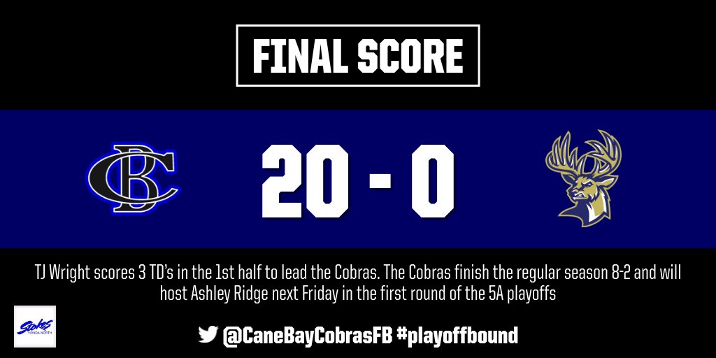 The Cobras snap a 5 game losing streak to the Stags with a 20-0 win on Saturday afternoon.  The Cobras finish as the #2 seed out of region 7-5A and will host Ashley Ridge next Friday in the first round of the playoffs!!