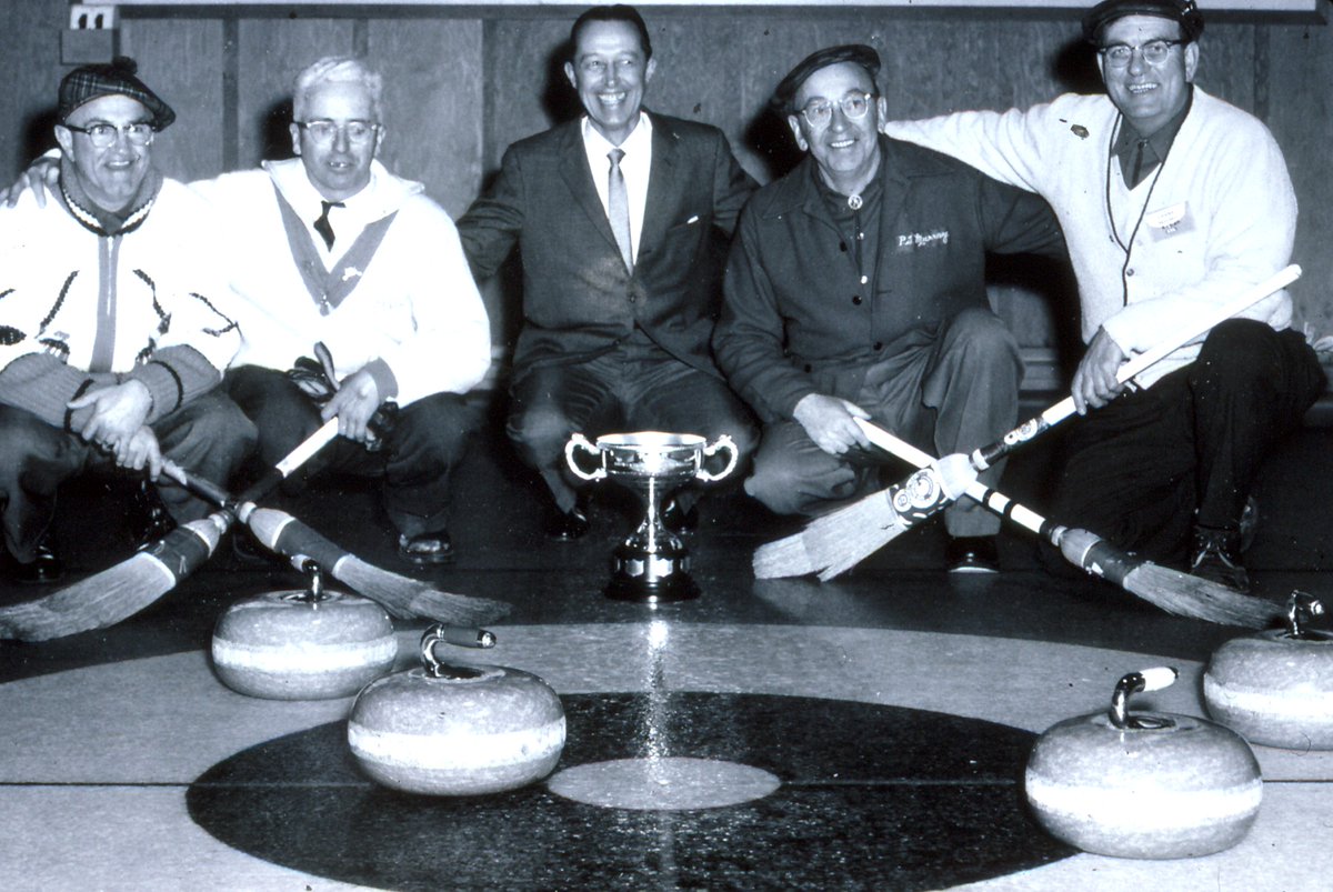 WPSDMuseum's tweet photo. This weeks #HistoricPost features curlers at #Nobel taken in 1955🥌
From left to right the men in the picture are: Harold Sweet, Alan Virgo, Unknown, P.J. Murray, and Frank Peachey. https://t.co/0B4UFCqvOD