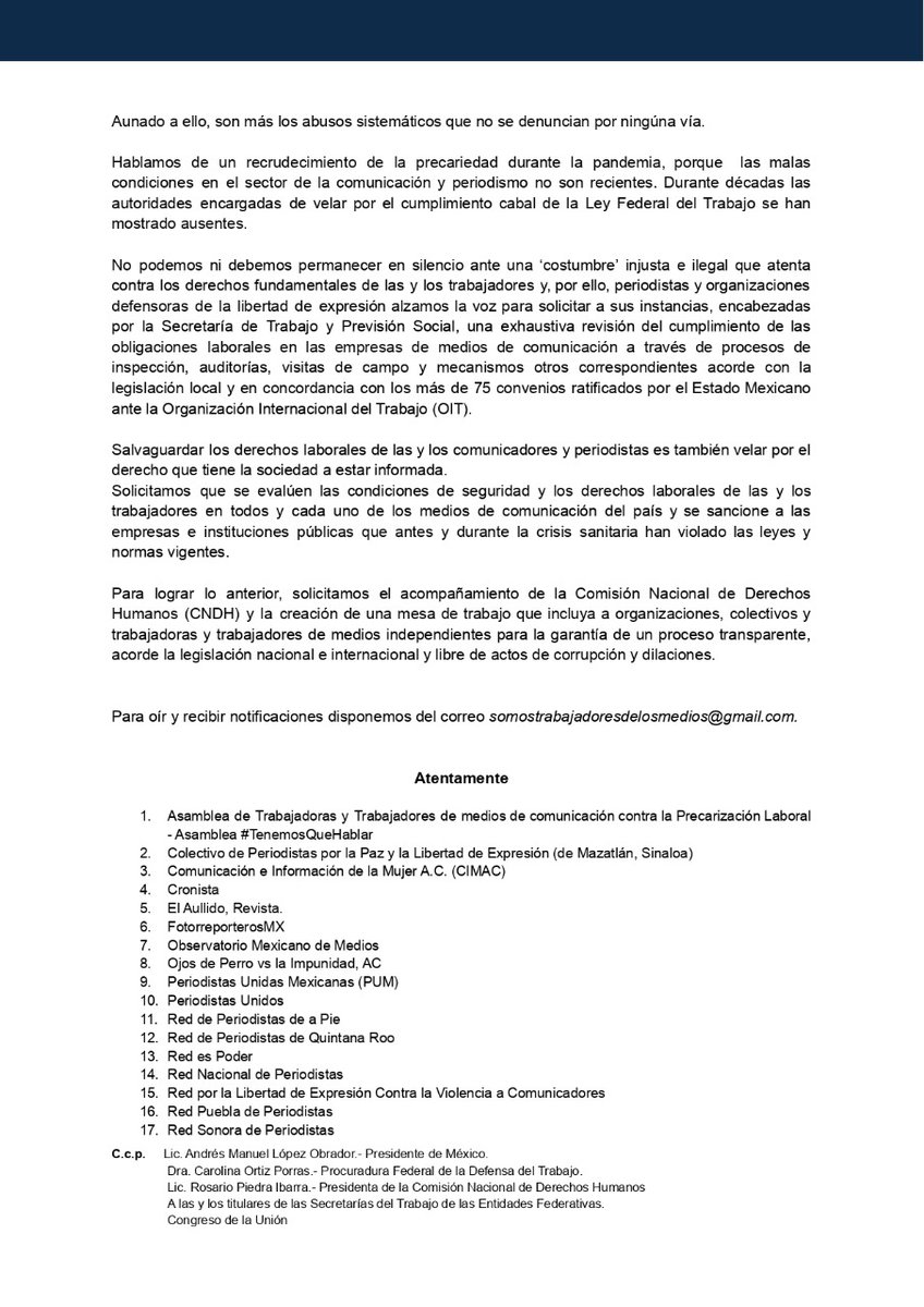 RedPeriodistaQR's tweet photo. La Red de Periodistas de Quintana Roo se suma a la petición para que la @STPS_mx revise el cumplimiento de las obligaciones laborales en las empresas de medios de comunicación, donde se han reportado diversos atropellos a los derechos de los trabajadores. https://t.co/mExbgJppjo