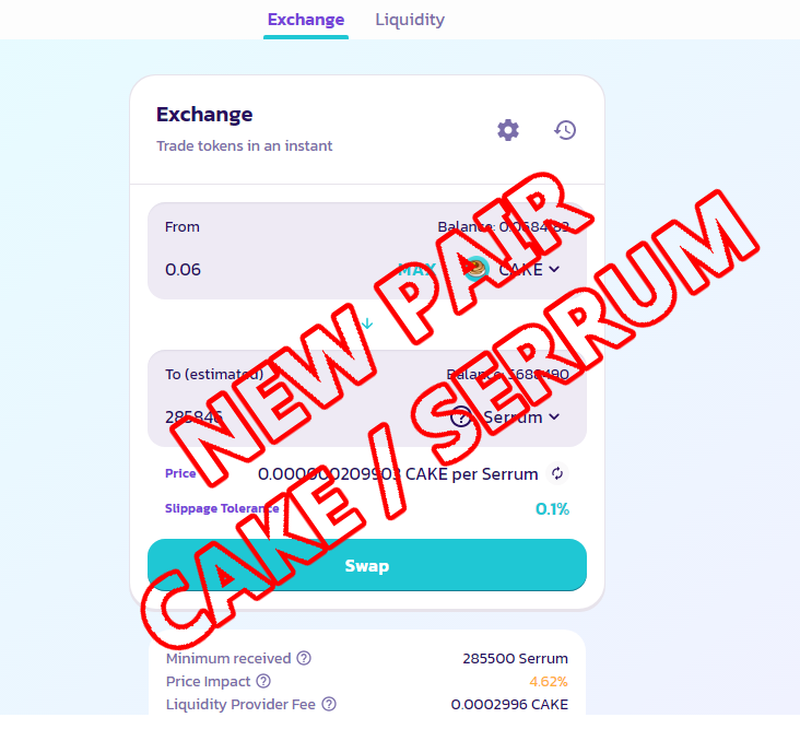 serrumtoken's tweet photo. New Pair Cake / Serrum 🤑🤑

Cake
0x0e09fabb73bd3ade0a17ecc321fd13a19e81ce82

Serrum
0xc39ecaf0ec285c4b6ea9c49473e3f3869b3a8fb2

📢📢
https://t.co/Vpphxh1HGf

#Pancakeswap #Serrum #Cake #Swap #BSC https://t.co/Zi81QMmlRO