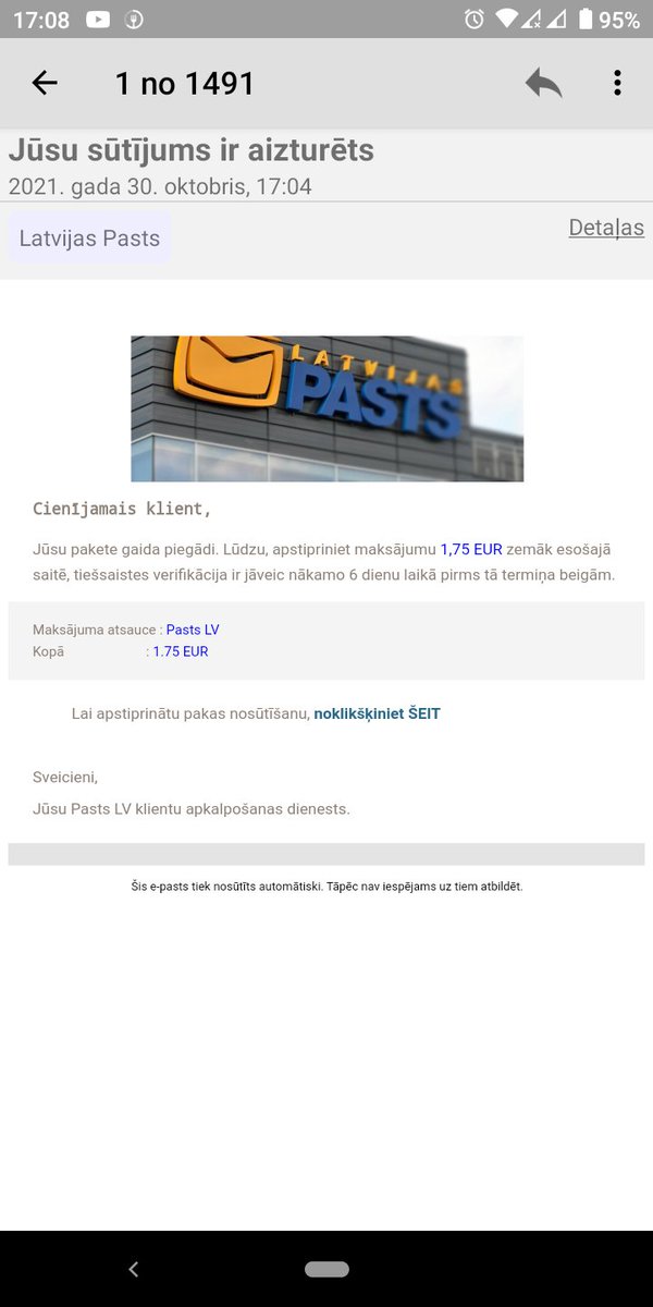 superlitious's tweet photo. Esiet uzmanīgi! Apskatiet pilnu sūtītāja e-pastu. Un nekādus maksājumus par aizturētām ''paketēm'' neveiciet! @certlv @latvijas_pasts #atkrāpies #fraudoff https://t.co/gdAS6OASp5