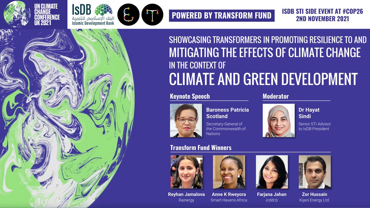 At #COP26, w/ @PScotlandCSG and Dr Hayat Sindi, Senior STI Advisor to #IsDB President, @IsDBEngage Transformers working on sustainable energy will talk about their environmental projects in Azerbaijan, Bangladesh, Uganda and other African regions. #SDG7 #GreenEnergy #EngageSTI