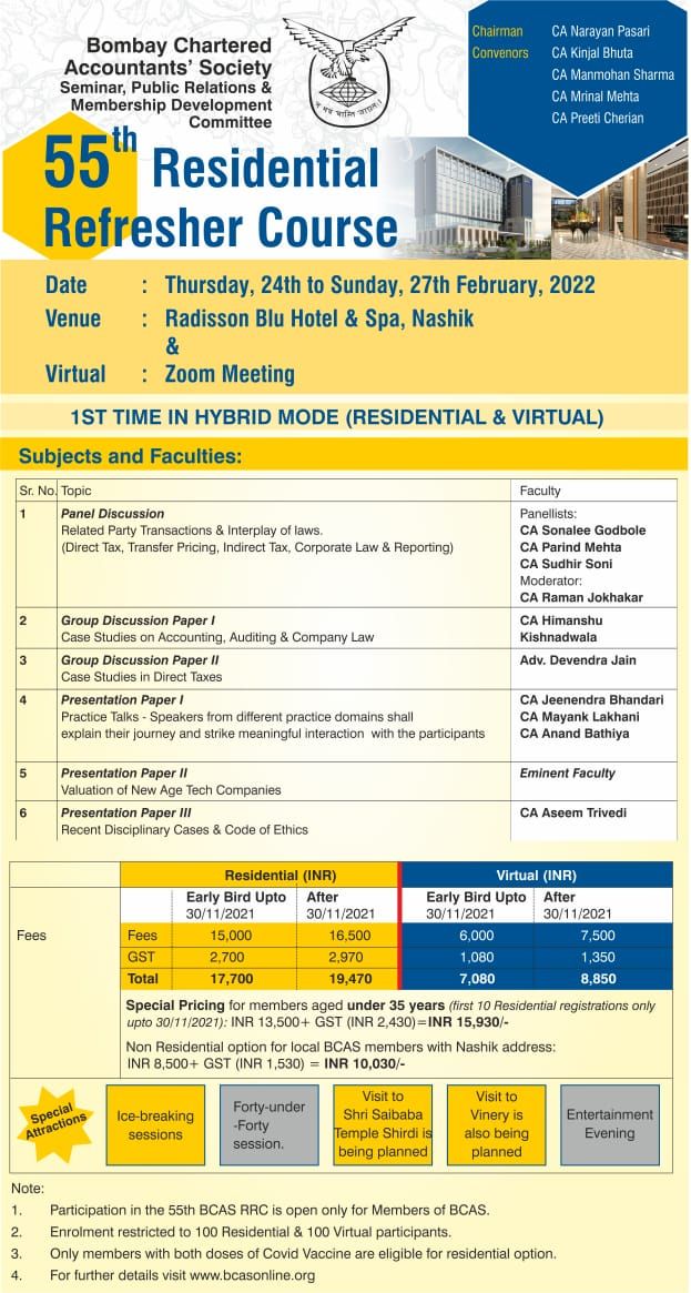 bcasglobal's tweet photo. BCAS is pleased to announce its flagship event, the 55th Residential Refresher Course (RRC), to be held in February 2022. #BCASRRC
For More Details, visit: https://t.co/iyCTTXmJlW

Link for Online Enrollment: 
https://t.co/XG23zoNYnZ https://t.co/qg73FRgIB1