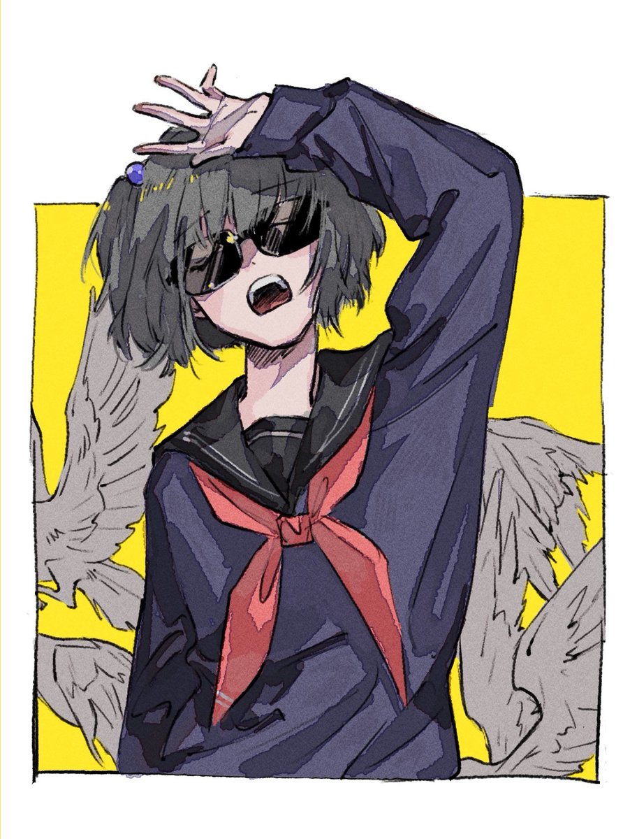 1girl solo school uniform open mouth neckerchief red neckerchief sunglasses  illustration images