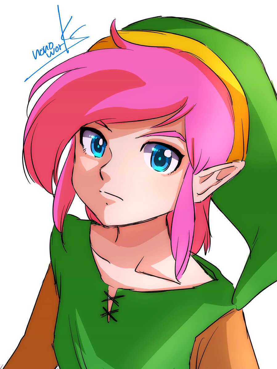 link 1boy male focus solo blue eyes hat pointy ears pink hair  illustration images