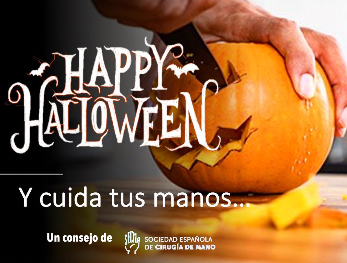 Feliz fin de semana de Halloween 🎃… y mucho cuidado y protección, evitando accidentes con las manos. 
Es un consejo de la Sociedad Española de Cirugía de la Mano <a href="/SecmaSociedad/">SECMA</a> 
#halloween #cuidadodemanos #prevencion #stopaccidentes #manosseguras