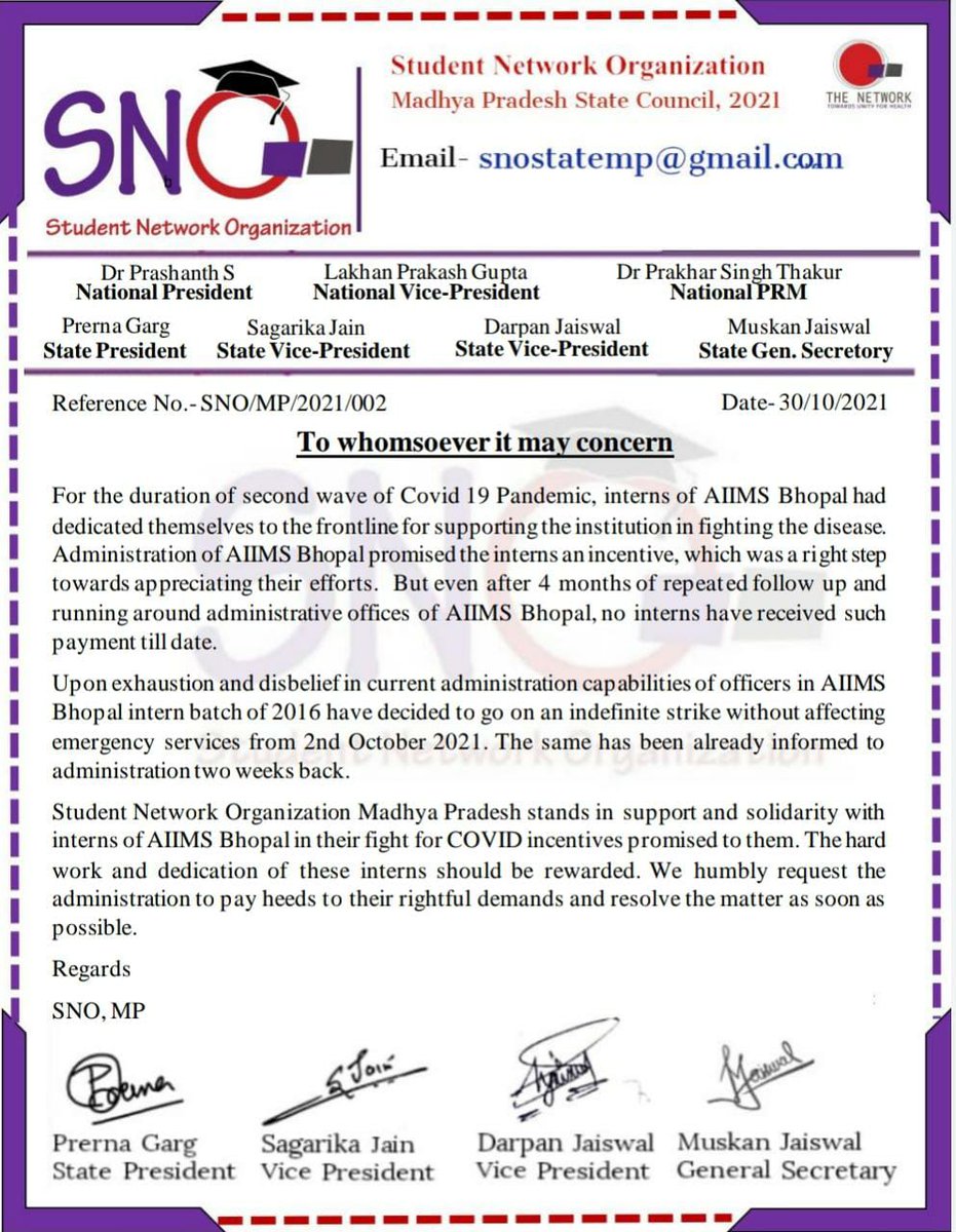 Student Network Organisation (SNO) in support of <a href="/internsaiimsbpl/">Interns, AIIMS BHOPAL</a> .
We appreciate your stand for genuine cause.
#nocompetentauthority 
#aiimsinternonstrike 
<a href="/MoHFW_INDIA/">Ministry of Health</a>
<a href="/PMOIndia/">PMO India</a>
<a href="/mansukhmandviya/">Dr Mansukh Mandaviya</a>
@DirectorAtAIIMS
<a href="/ANI/">ANI</a> <a href="/DDNewslive/">DD News</a>
<a href="/PIB_India/">PIB India</a> <a href="/aajtak/">AajTak</a>
<a href="/ABPNews/">ABP News</a> <a href="/ZeeNews/">Zee News</a>