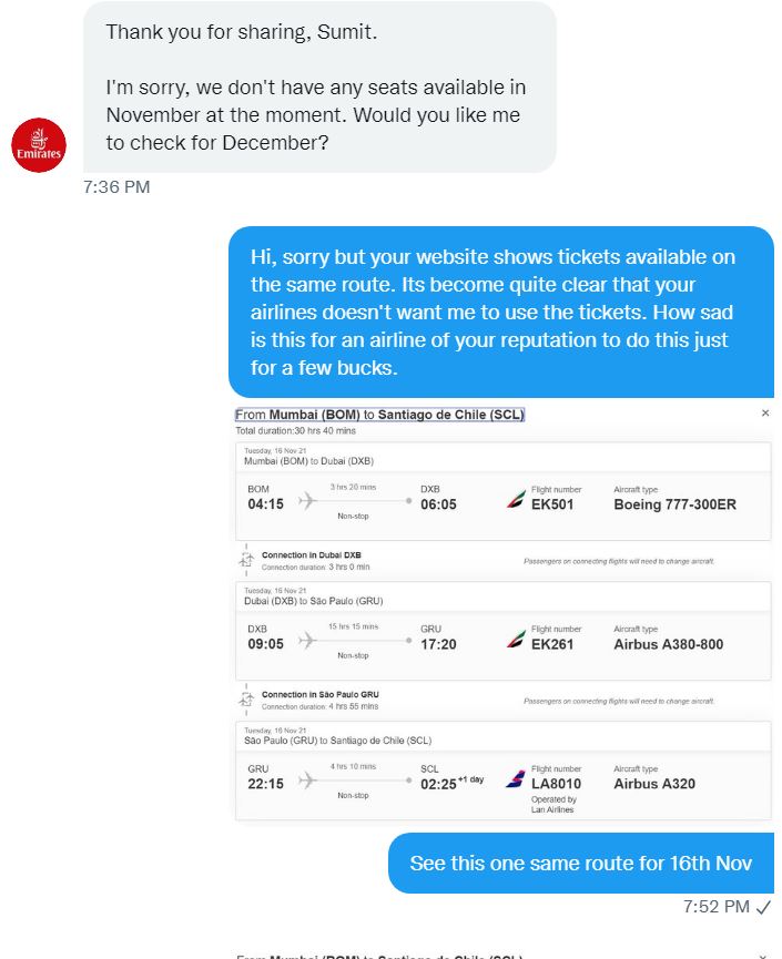 sumit_kaul's tweet photo. @emirates I'm tired of your tricks now. Never expected this from an airline of your repute. I'm tired of following up now, your phone lines don't work. I'm paying this price for selecting your airlines to travel from CHL to BOM. #sirtimclark https://t.co/PJ8TLGVTuh
