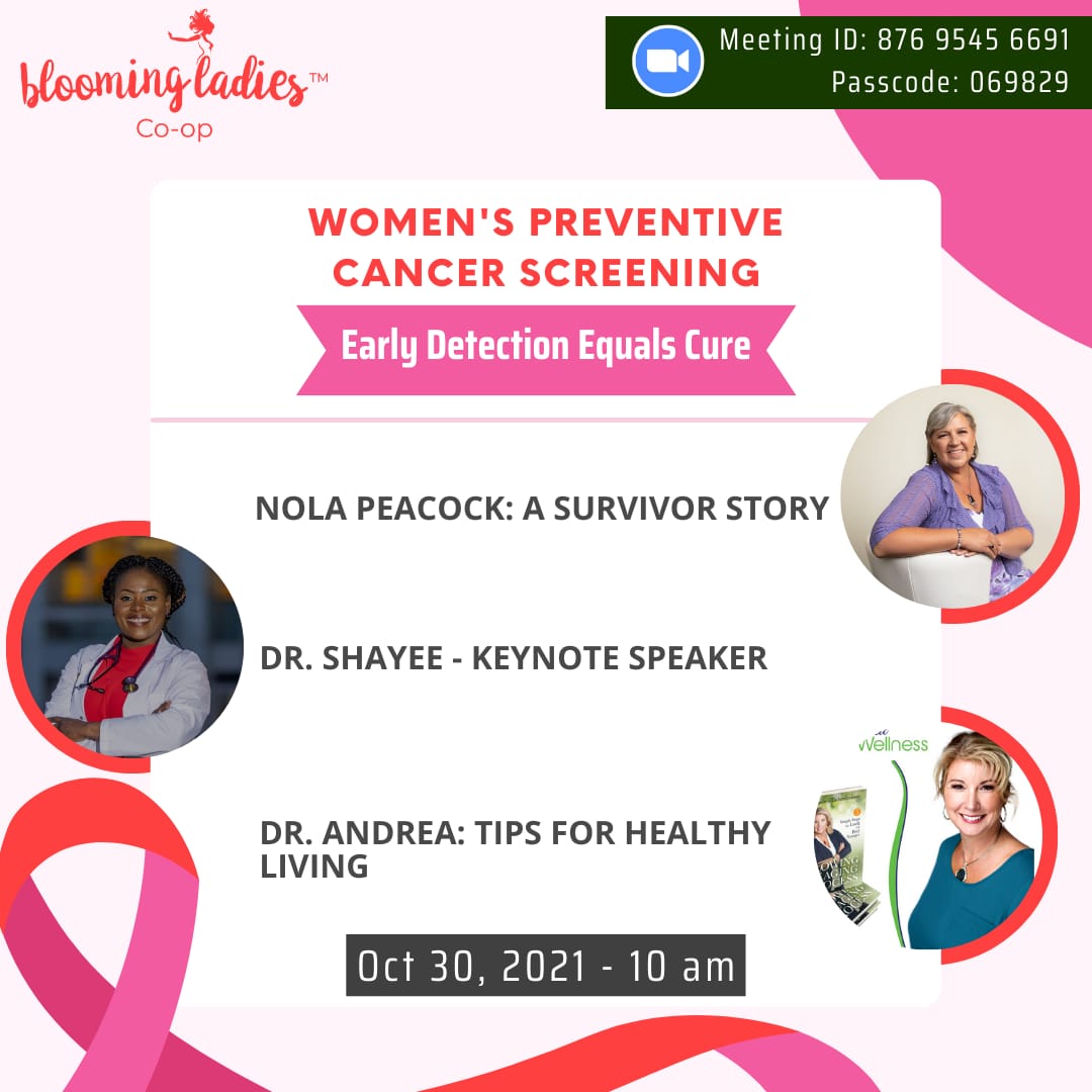 Blooming Ladies™ Coop is inviting you to a scheduled Zoom meeting.

Topic: BLC Breast Cancer Awareness Month Event: _Early Prevention Equals Cure_
Time: Oct 30, 2021 10:00 AM Edmonton

Join Zoom Meeting
us02web.zoom.us/j/87695456691?…

Meeting ID: 876 9545 6691
Passcode: 069829