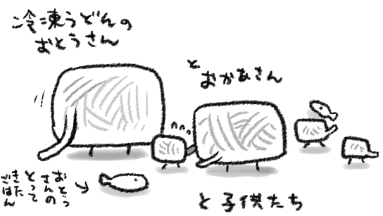 これはポンデリングのまんなかの部分について想いを寄せていたとき描いた絵と、冷凍うどんの家族について描いた絵です 