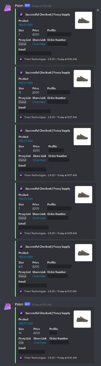 B - @PrismAIO P's - @DonutProxies & @LiveProxies GM's - @InsigniaGmails SUPER GOATED!!! CG's - @Astrodiscord_ @juiced @HumbleFNF Slots for - @Astro_ACO & @KicksandNickFNF Had a couple unlogged.