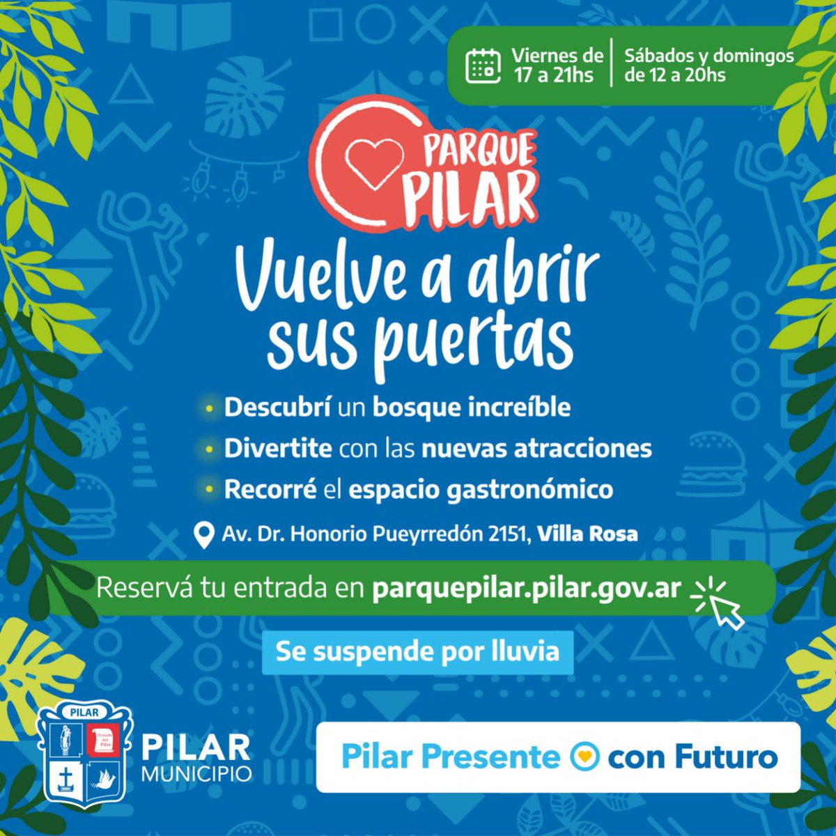 MunicipioPilar's tweet photo. ¡Parque Pilar volvió a abrir sus puertas!

Vení para vivir un momento único y disfrutar del mejor entretenimiento para todos los pilarenses.

La entrada es libre y gratuita, podés reservarla en https://t.co/PJltyDflAY

¡No te lo podés perder! https://t.co/TakuNlx21F