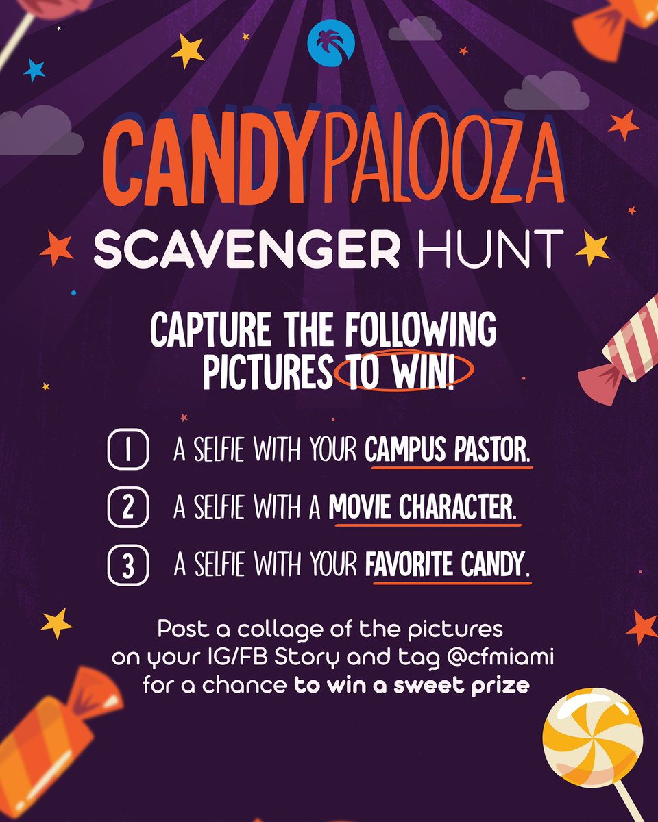 CFMiami's tweet photo. Can you win the Candypalooza Scavenger Hunt? 🕵️‍♂️ Swipe 👉 to see the sweet prize you could win!

Join us tonight and tomorrow after every church service for tons of candy, photo opportunities, games and more! It’s free, safe, family-friendly fall fun that every age can enjoy. https://t.co/vviCVcoRjc