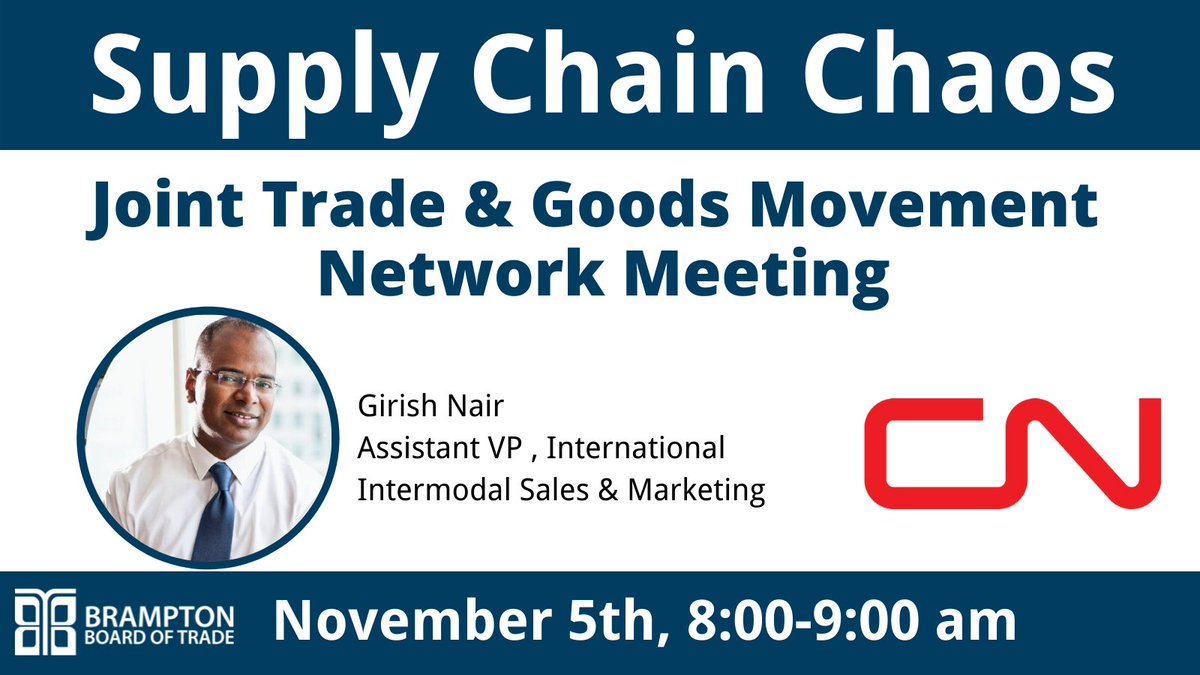 BramptonBOT's tweet photo. With global supply chains backed up, affecting the price and availability of common goods, this is a topical issue of importance to both businesses and consumers. Register: https://t.co/g98d2VOueb @CNRailway #goodmovement #tradenetwork #peertopeernetwork https://t.co/MpH4ACgjTt