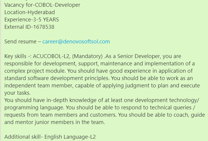 denovosoftsol's tweet photo. #denovojobs #denovo
Vacancy for-COBOL-Developer
Location-Hyderabad
Experience-3-5 YEARS
External ID-1678538
Send resume – career@denovosoftsol.com
#COBOL #softwaredeveloper #software #programming #coding #programminglanguage #coboldeveloper https://t.co/vuhKWaa8d7