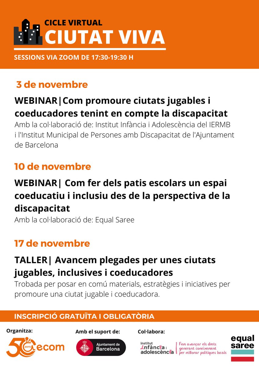 🎡| 3 sessions per reflexionar sobre la importància de la diversitat als nous espais de joc. 

👤Dirigits a families amb infants amb discapacitat i professionals 
🎟️Inscripció gratuïta i obligatòria 

Organitza <a href="/entitatecom/">ecom</a>.

➡️Més informació a ow.ly/LMJS50GA3Uy