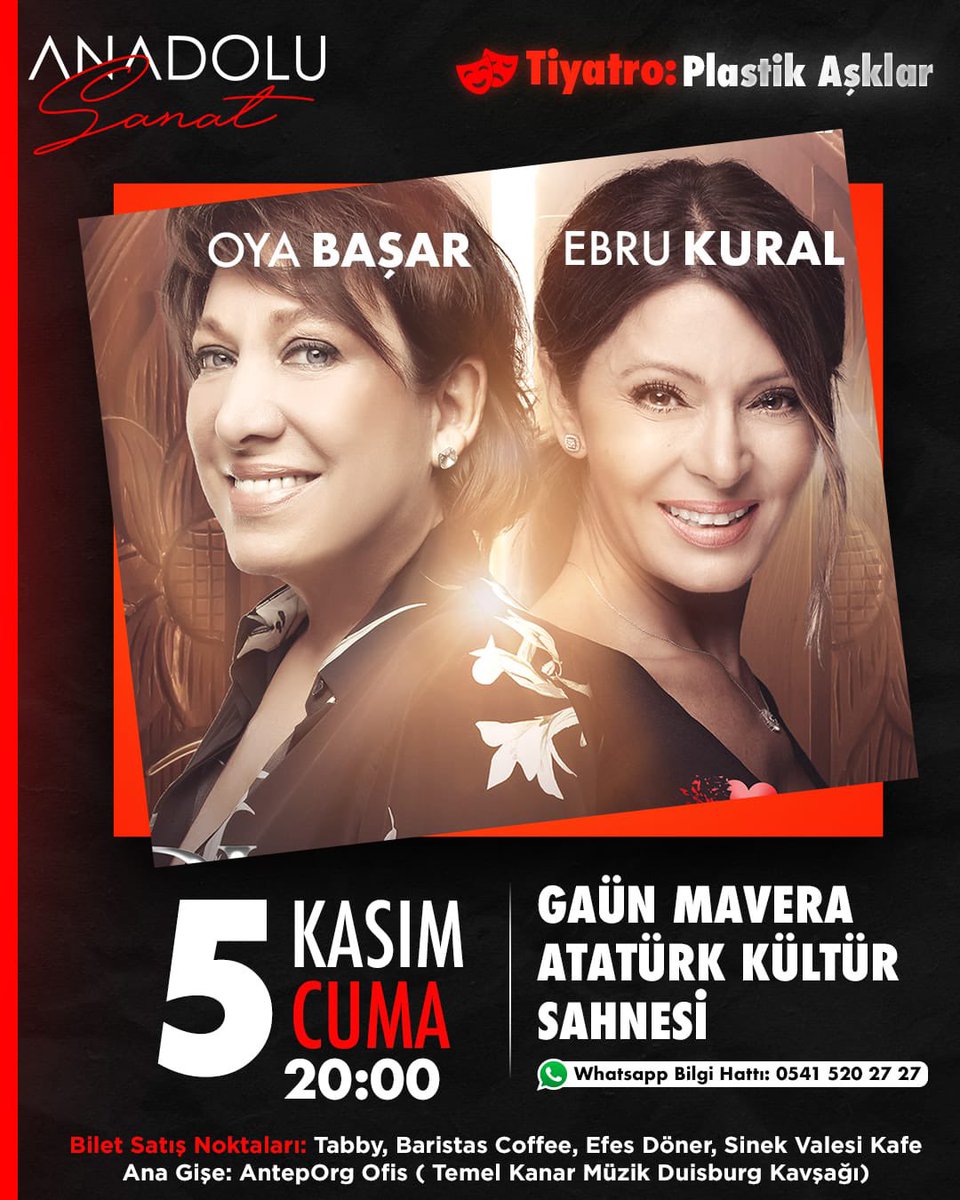 * Gaziantep Tiyatro sezonu açıldı! 

🎭 Plastik Aşklar - Oya Başar 
📆05 Kasım Cuma ⏰ 20:00
📍Yer: GAÜN ATATÜRK KÜLTÜR SAHNESİ 
📮Birlikte katılmak istediğin arkadaşına gönder :)