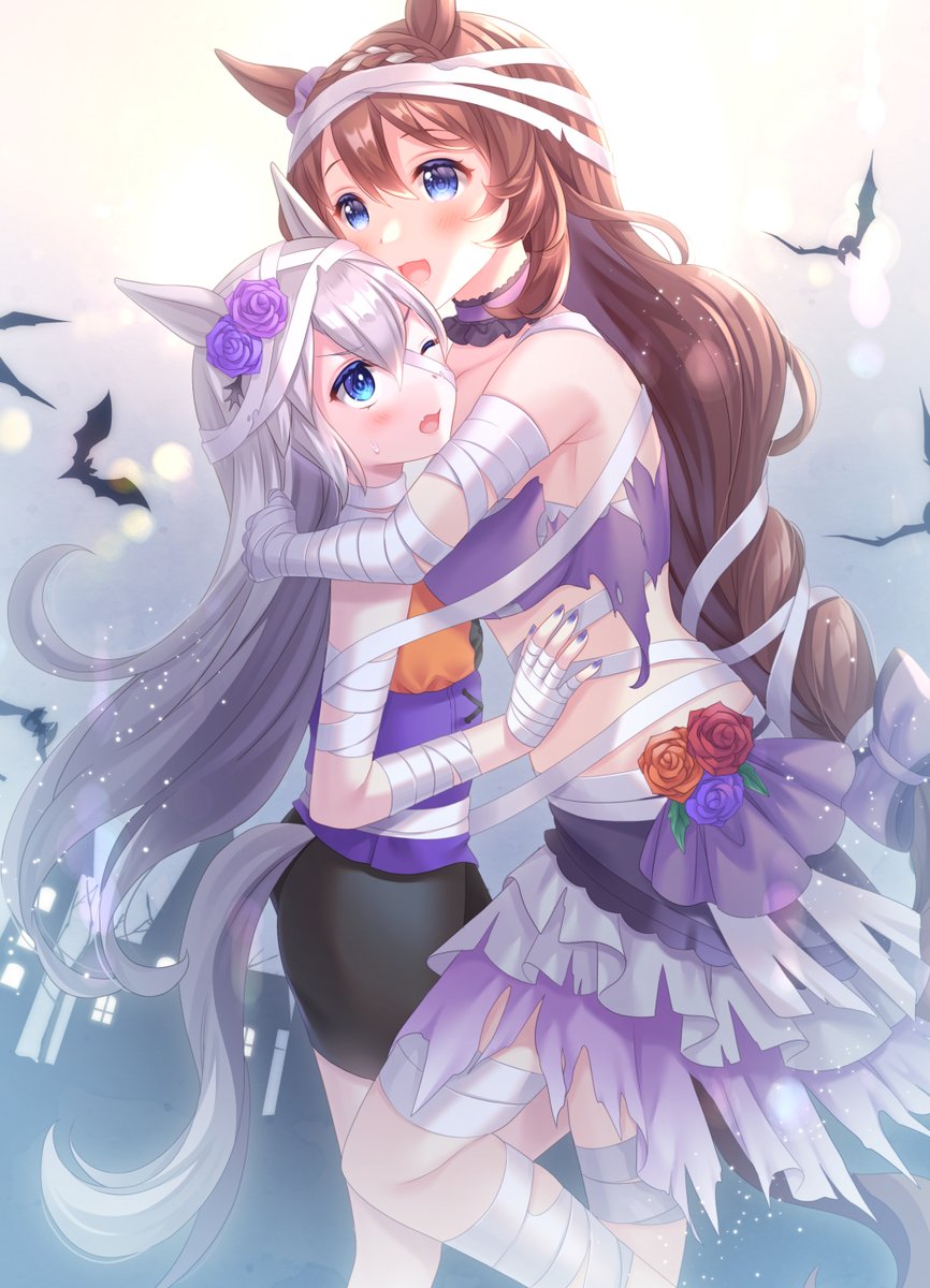 スーパークリーク(ウマ娘) ,タマモクロス(ウマ娘) 「°˖✧HAPPYHallowe'en🎃✧˖°
「悪戯しにこれた子はお菓子のお家」|梓月綾🎀のイラスト