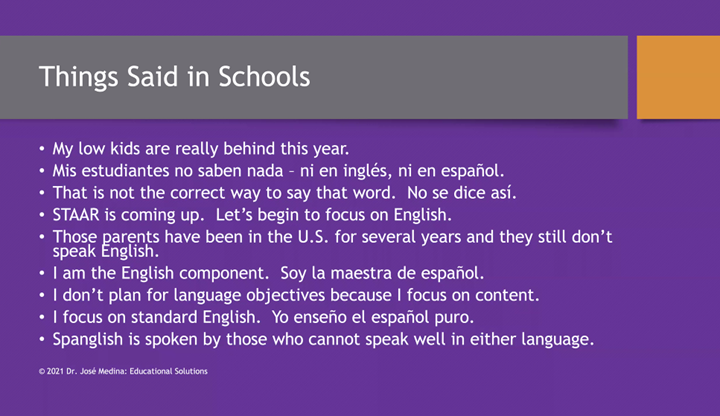 <a href="/JoseMedinaJr89/">Dr. José Medina (él, he, his, him)</a> ☝️Points out when you become a linguistic oppressors🤯
🗣️When you SAY:
👉My kids are low
👉STAAR is coming, let's begin to focus on English
👉I'm the English component
👉I don't plan for language objectives
#StopSayingTHAT🛑
<a href="/TA4BE/">TABE</a> @HISDMultiPrgms #MLPDTeam #TABE