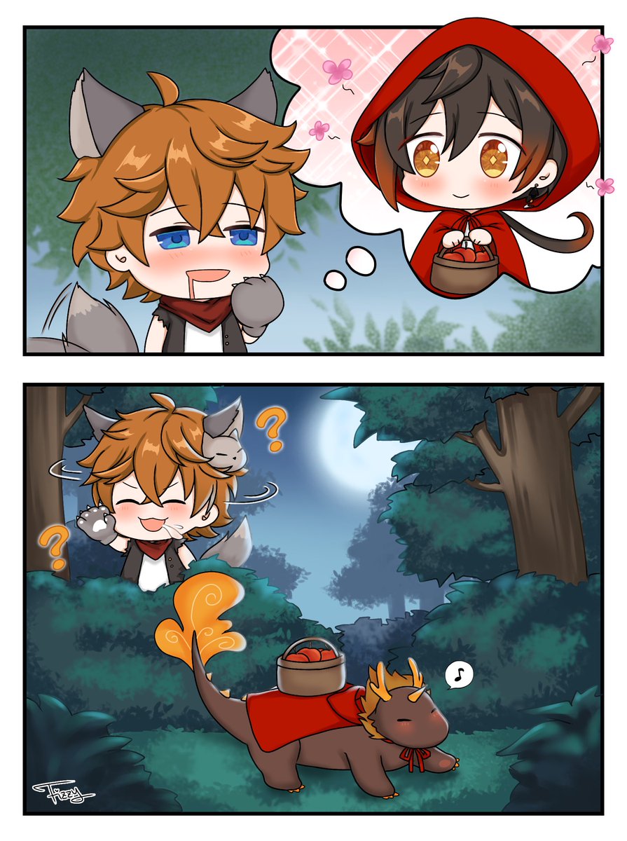 The hungry wolf is too busy searching for his (self-proclaimed) wife, he didn't notice the little red hood dragon happily walking by 

#GenshinImpact #原神￼ #zhongli￼ #Childe￼ #tartaglia￼ #tartali #タル鍾 #halloween2021 