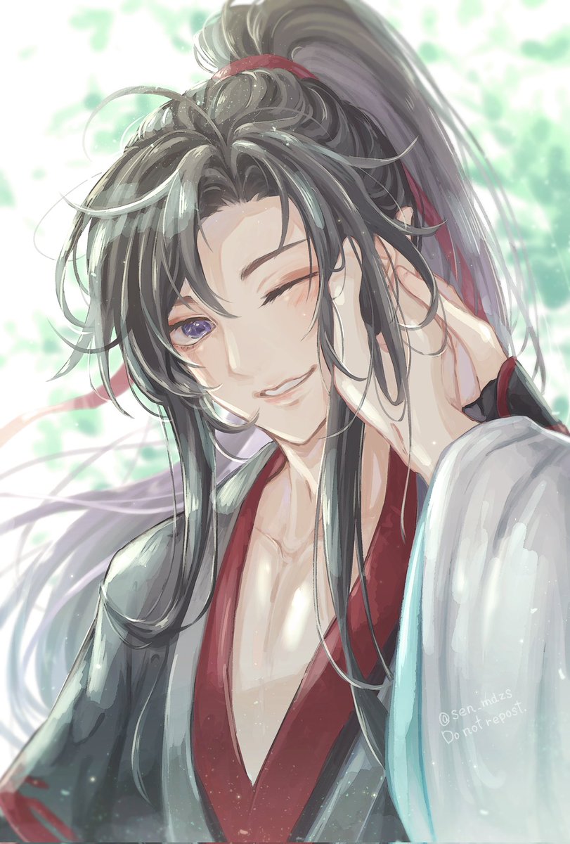 male focus one eye closed long hair chinese clothes black hair ponytail smile  illustration images