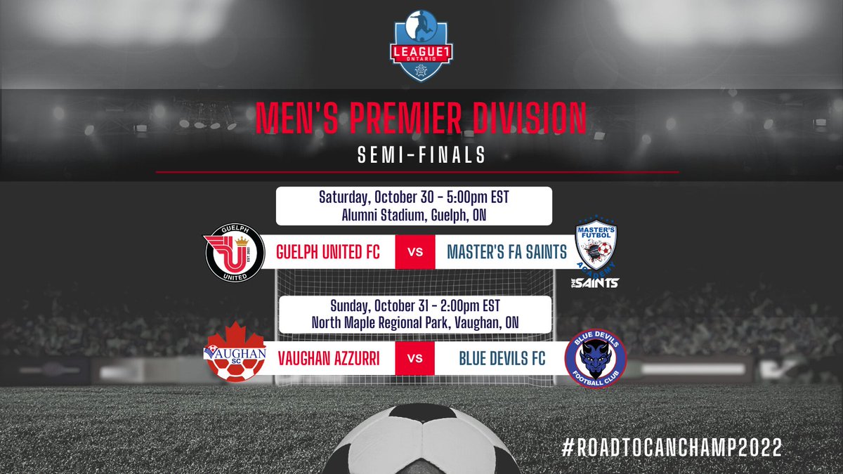 L1OMens's tweet image. It all gets started today!

Men's Premier Division Semi-Final #1

Reigning Champions @MastersFA
make the trip west on the 401 to take on newcomers @guelphunitedfc for what promises to be an incredible heavyweight battle.

#RoadtoCanChamp2022