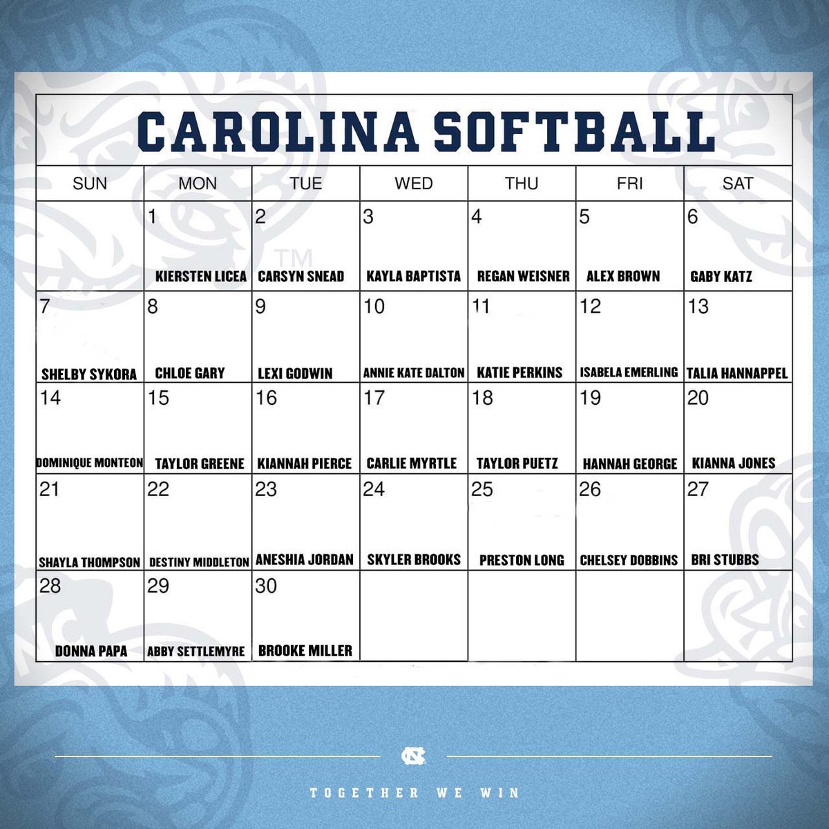 UNCSoftball's tweet photo. 𝙐𝙉𝘾 𝙎𝙤𝙛𝙩𝙗𝙖𝙡𝙡: 𝙈𝙤𝙣𝙩𝙝 𝙤𝙛 𝙂𝙞𝙫𝙞𝙣𝙜 

Starting Monday, our team will kick off a fundraiser to raise money for our program. Each player will be in charge of getting a donor for each day.

See below which Heel will be the featured "Tar Heel of the Day" each day! https://t.co/ioDwHqgDi2