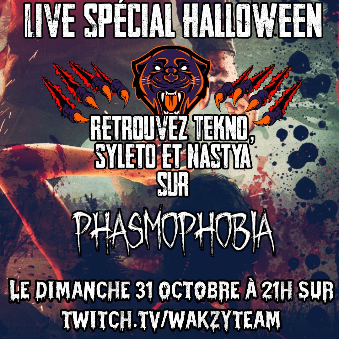Retrouvez <a href="/Syleto3/">Syleto</a> <a href="/Wakzy_TekNo/">tekno0rc</a> et @NastyaWAKZY pour un live spécial Halloween !
Rendez vous le dimanche 31 octobre à 21h sur twitch.tv/wakzyteam