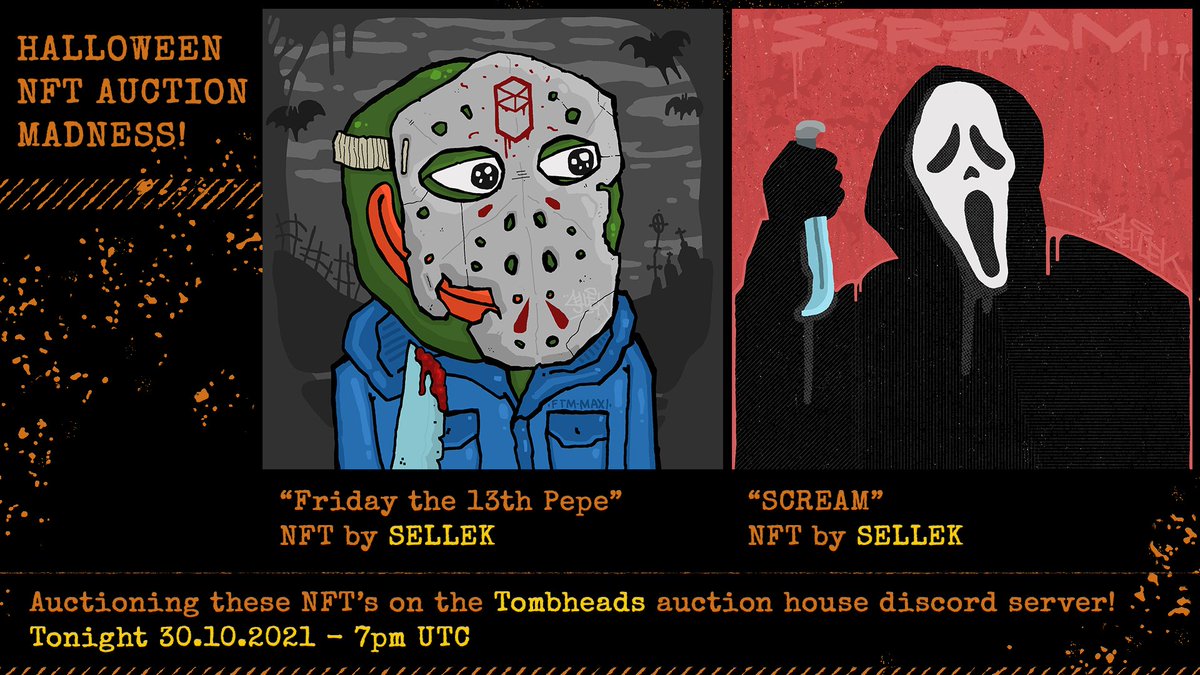HALLOWEEN on a network called FANTOM? It has to get special up in here. Let's have some HORROR slasher action thrown into the mix!

Dropping these 2 knife-wielding NFT's for auctioning on <a href="/tombheads/">Zorro 🏴‍☠️</a> auction house TONIGHT 7pm UTC. 

#halloween #nftart #fantom #ftm #pepe #scream