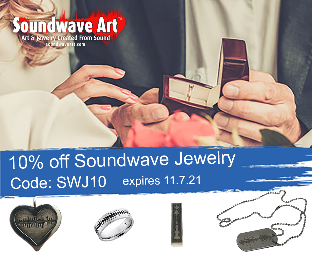 10% off custom Soundwave Jewelry. Have your voice pattern engraved onto rings, pendants, and dog tags. soundwaveart.com
#soundwavejewelry #pendants #rings #weddingbands #uniquegifts #holidaygifts