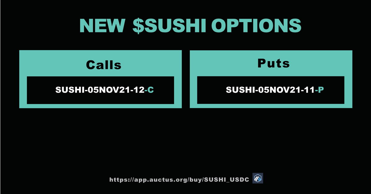 🔥NEW WEEKLY $SUSHI OPTIONS 🔥 live on <a href="/arbitrum/">Arbitrum</a> 🤩

Go to: app.auctus.org/buy/SUSHI_USDC 😎

Also new $ETH and $WBTC options available 🤫 

$ETH-05NOV21-4500-C 🚀
$ETH-05NOV21-4400-P 🐻
$BTC-05NOV21-65000-C 🚀
$BTC-05NOV21-63000-P 🐻