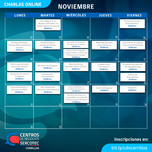 En #noviembre tenemos increíbles actividades de Capacitación para ti y tu negocio

¿Quieres participar? Inscríbete directamente en
#LINK
bit.ly/cdncerrillos
o envíanos un DM.
Para mayor información escríbenos a centro.cerrillos@centrossercotec.cl