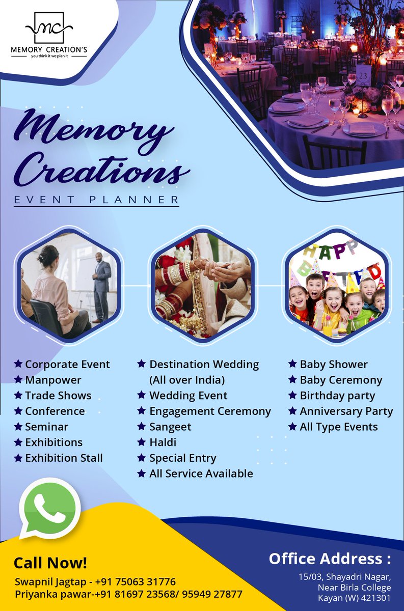 mc_memory44's tweet image. We do all type event.
Memorable events don't just happen. They happen to be our business.
#wedding #destinationmarketing #decor #EVENT #decoration #Goa #mumbai #Rajasthan #Pune