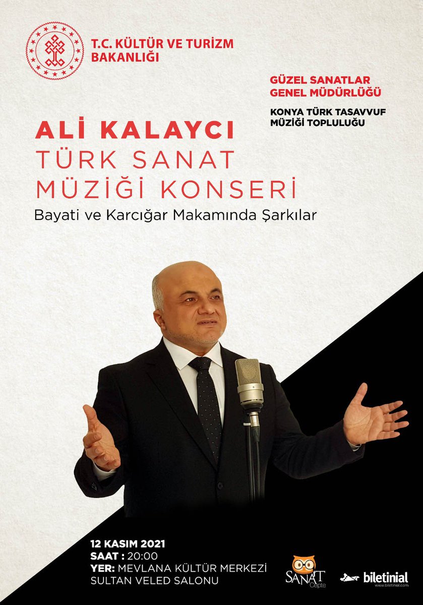 konyattmt's tweet photo. 12 Kasım 2021 Cuma Günü Konya Mevlana Kültür Merkezi, Sultan Veled Salonunda gerçekleştirilecek Ali Kalaycı Konseri'ne tüm sanatseverleri bekliyoruz. https://t.co/PNS5JHpeyG