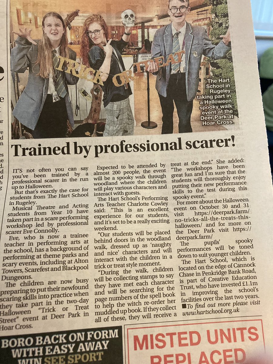 thehartschool's tweet photo. The school featuring in this week’s Express &amp; Star - just in time for Halloween. 

Read all about our spooky student scarers trained by a professional!
We hope they have a great time at Deer Park! https://t.co/5F5FPBSH0p