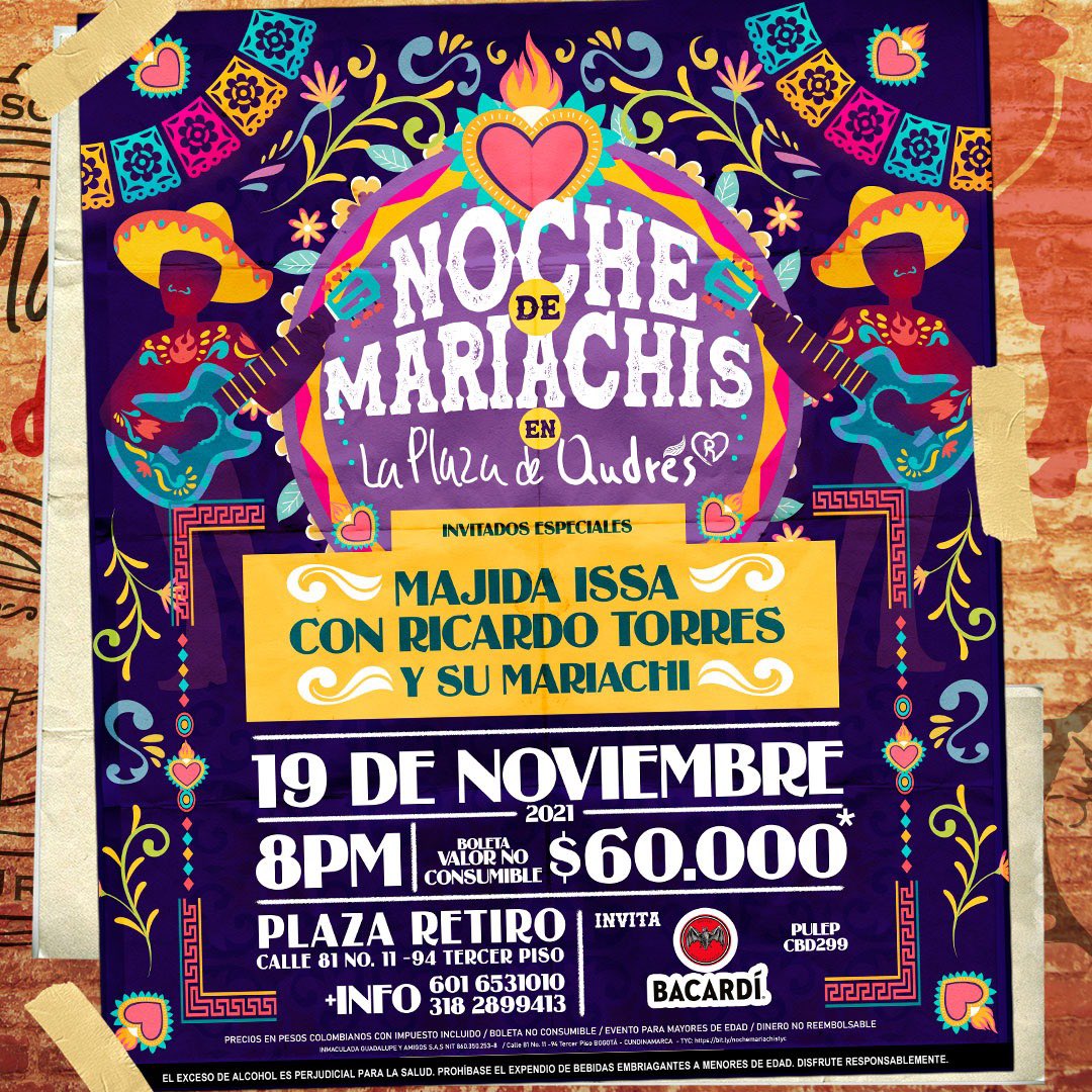 ¡Aaaayyyy! 🎶 Prepárate para una #NochedeMariachis en #LaPlazadeAndrés en El Retiro. Este 19 de noviembre de 2021, <a href="/majidaissa/">Majida Issa</a> te pondrá a cantar a grito herido con @ricardotorresysumariachi. 

Compra tu boleta por $60.000

☎️ 601 6531010 (opción 1 domicilios) 
📲 318 2899413