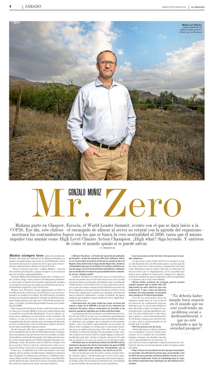 Mañana en Glasgow comienza <a href="/COP26/">COP26</a> y la consolidación de 3 años en q he tenido honor de cumplir rol de Champion, 2 de ellos c/ <a href="/topnigel/">Nigel Topping</a> alineando al sector no estatal c/ agenda de acción climática. Y acá Sergio Paz <a href="/Revista_Sabado/">Revista Sábado</a> cuenta parte de la historia.