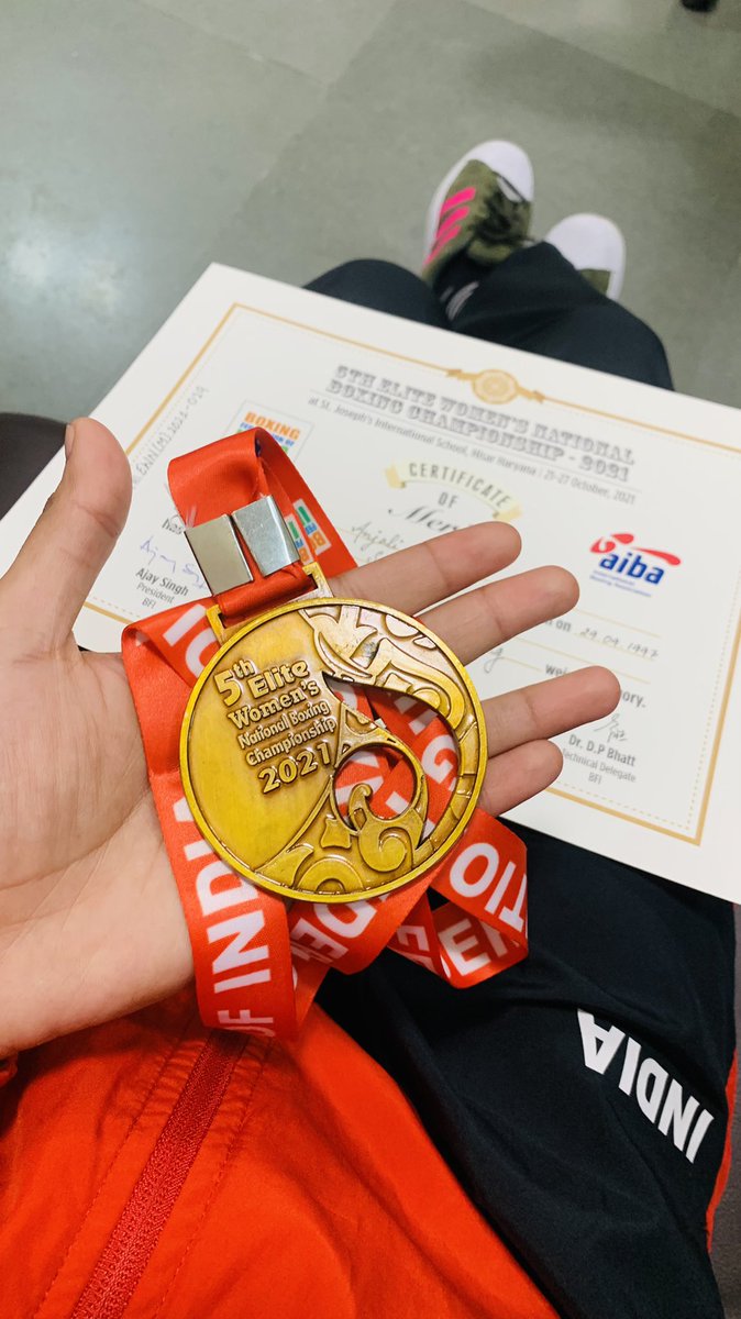 BoxerTushir's tweet photo. Won Gold In 5th Elite Women’s Boxing National Championship 2021, Hisar. 
Thankyou everyone who supported me in my journey I’m very grateful 😇 @bfi_official_ 
#boxingchampion #nationalchampionship 
#boxingindia #goldmedalist #anjalitushir #tushirboxer https://t.co/gIpb0BD0vY