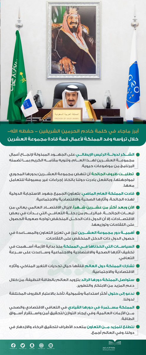 أبرز ما جاء في كلمة خادم الحرمين الشريفين -حفظه الله- خلال ترؤسه وفد المملكة لأعمال قمة قادة #مجموعة_العشرين.