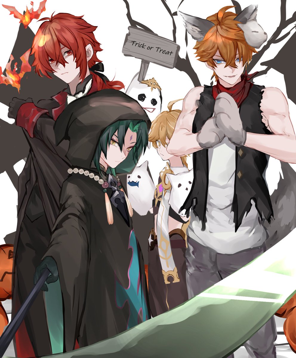 aether (genshin impact) ,tartaglia (genshin impact) ,xiao (genshin impact) scythe multiple boys red hair red eyes halloween costume green hair animal hands  illustration images