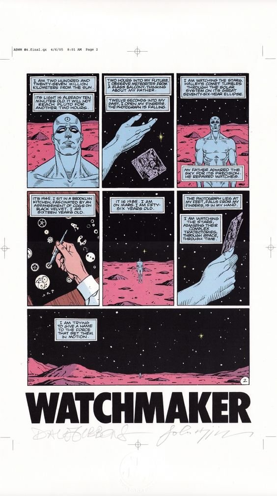 one brilliant metatextual bit to show this is from Watchmen is how you can read Dr. Manhattan experiencing the past, the future, the present all at once as he has the same perception we have with reading  a comic

we see it all laid out behind us and before us 