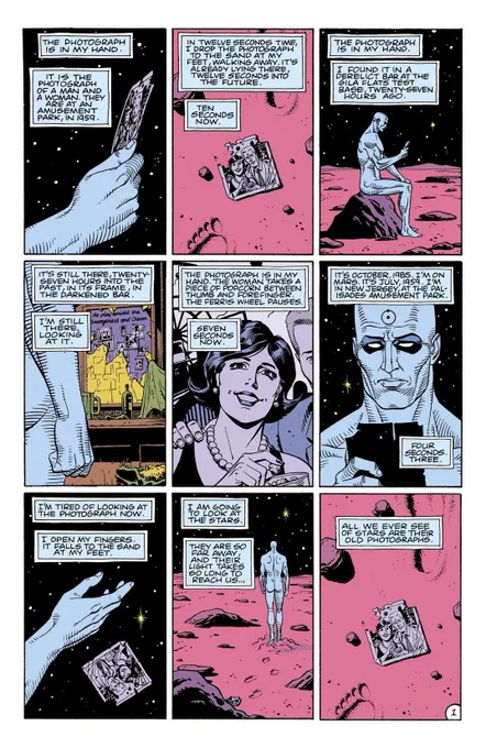 one brilliant metatextual bit to show this is from Watchmen is how you can read Dr. Manhattan experiencing the past, the future, the present all at once as he has the same perception we have with reading  a comic

we see it all laid out behind us and before us 