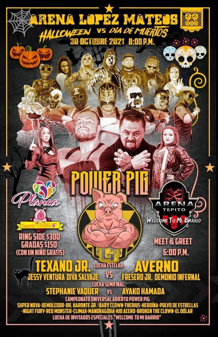 LaTijeraLucha's tweet photo. Hoy 3️⃣0️⃣ de octubre a la #ArenaLopezMateos llega el choque de #Halloween 🆚️ #DiaDeMuertos con #PowerPig:
🔥 @ElTexanoJr, #JessyVentura y #DivaSalvaje 🆚 #Averno @freserojr_vip y #DemonioInfernal
️💣 Guerreras internacionales @Steph_Vaquer 🆚️ @ayako_hamada
Y más...
#latijera https://t.co/qYsOrhBJg3