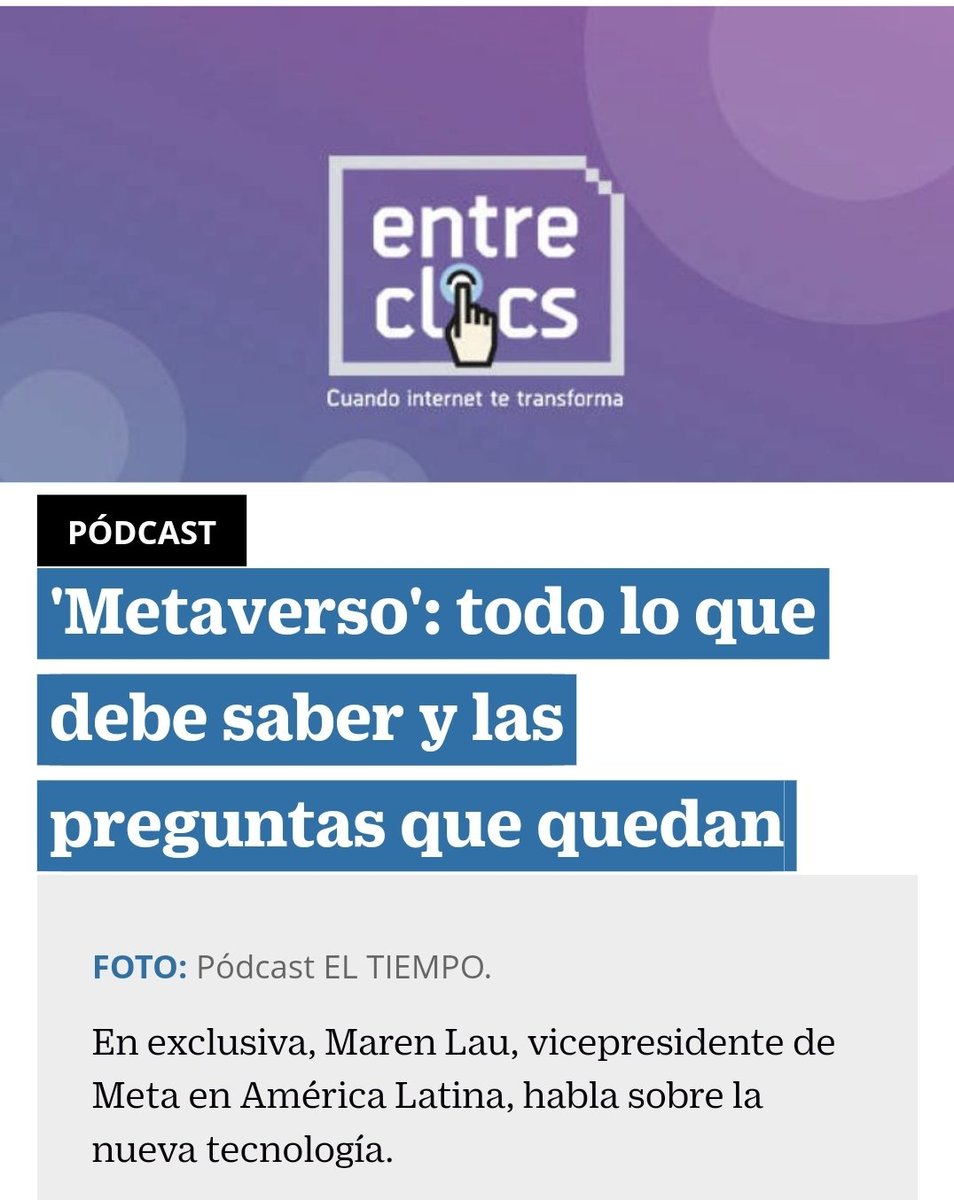 Lindapatcar's tweet photo. El periodismo tecnológico está vibrando esta semana y quiero contarles que hicimos un episodio increíble de #EntreClics #podcast para hablar del #Metaverso en América Latina, sus compromisos, sueños, retos y preguntas pendientes. Pueden oírlo en @ELTIEMPO https://t.co/uBdOWQcX9U https://t.co/HTnsapdhGv