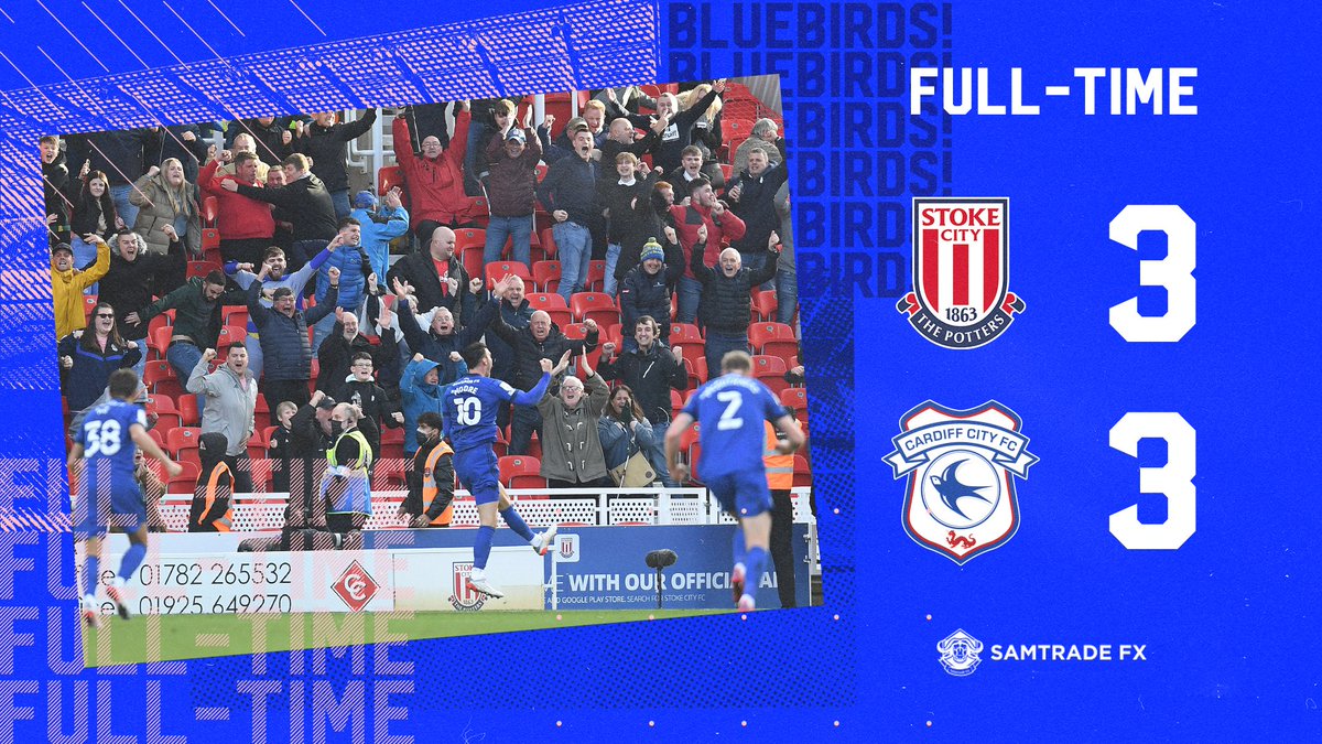 CardiffCityFC's tweet photo. ⏱ FULL-TIME! 

The #Bluebirds battle back from 3-0 down to take a point back to South Wales! 💙

#CityAsOne https://t.co/j90LwKmdlX