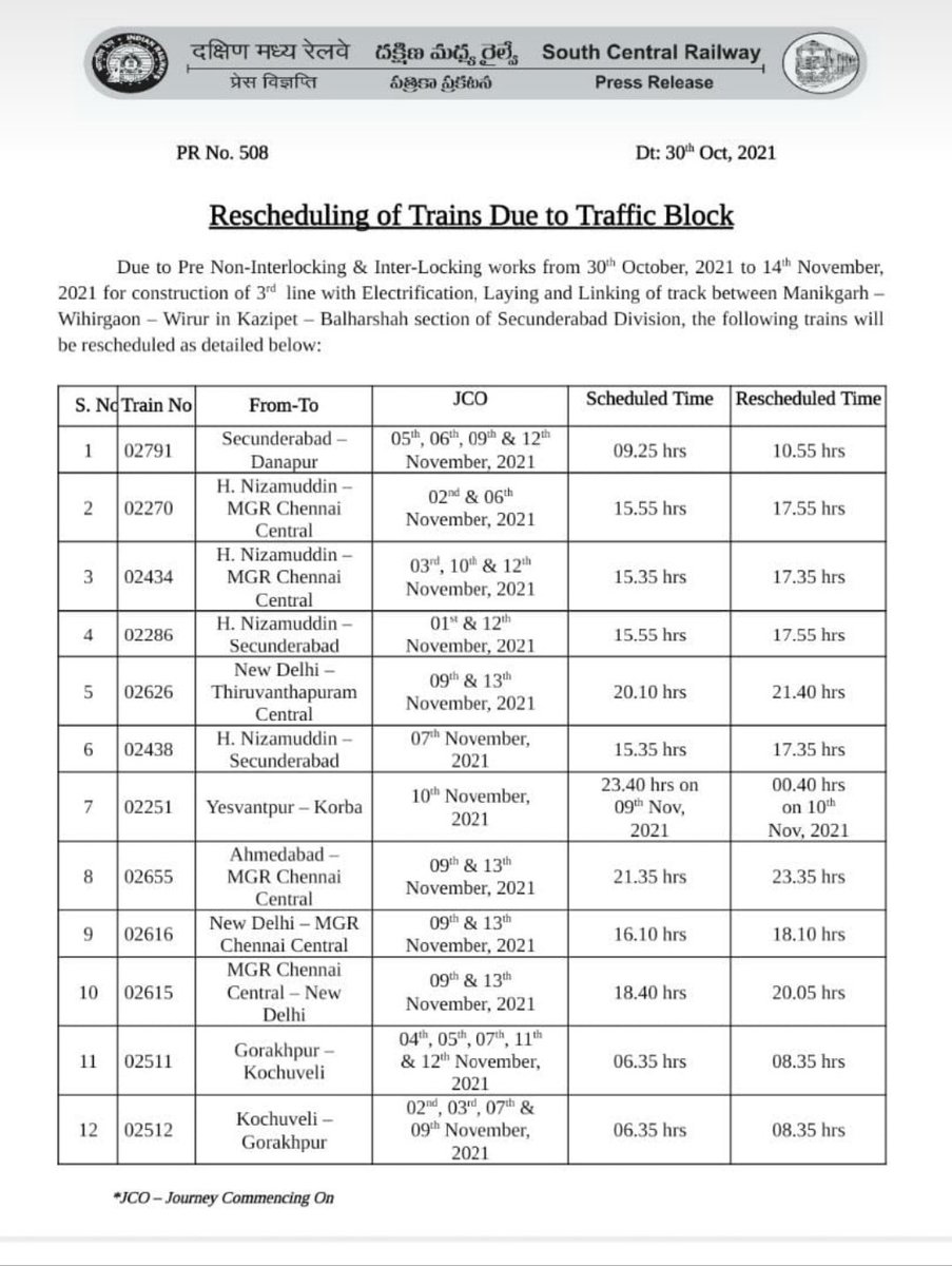 SCRailwayIndia's tweet photo. Rescheduling of Trains Due to Traffic Block @RailMinIndia https://t.co/LjWdFu0pSi
