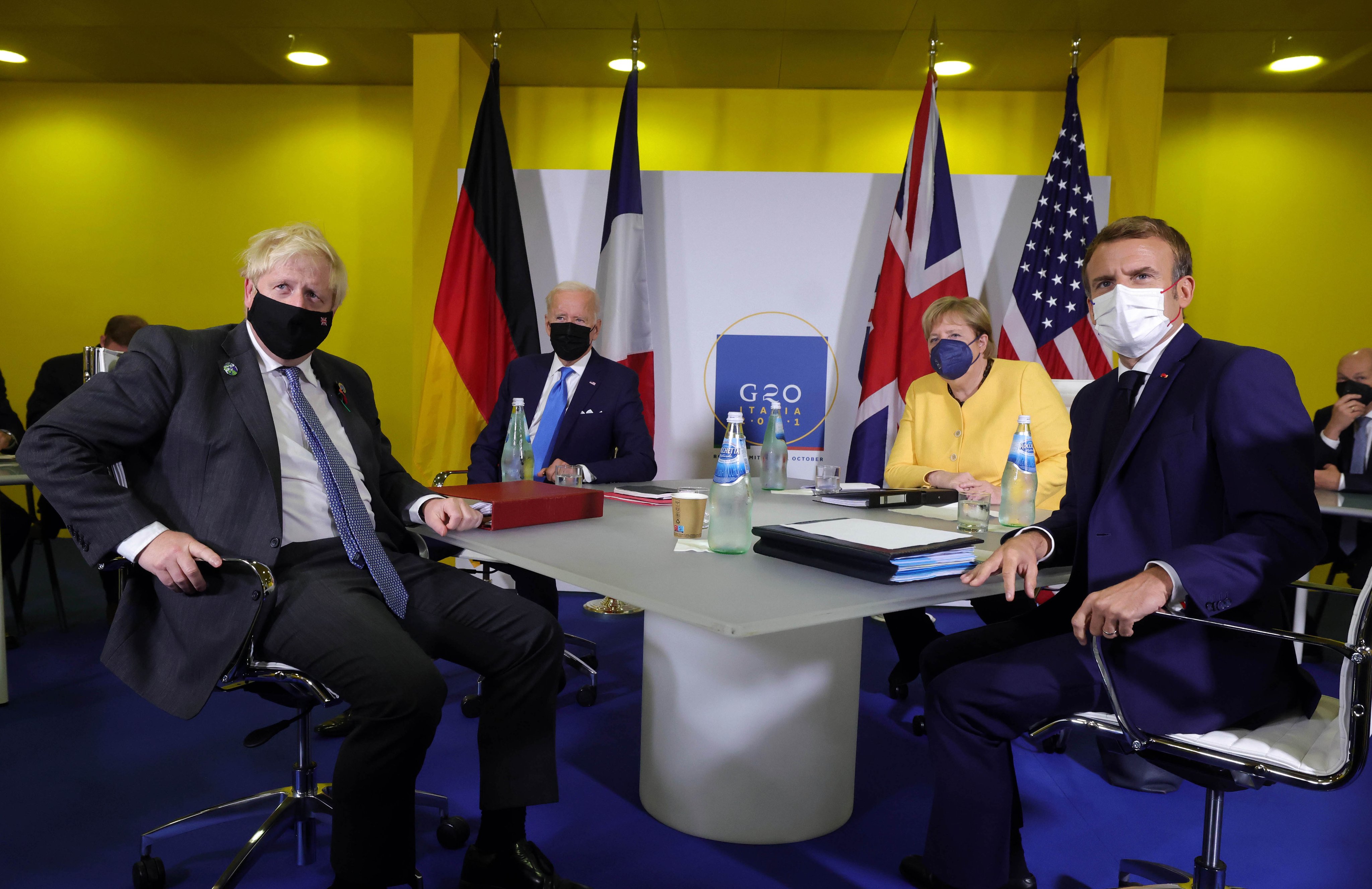 Prime Minister Boris Johnson with the E3+ US members on day one of the G20 Summit in Rome, Italy.